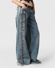 Wide-Leg Lace-Up Denim Jeans
