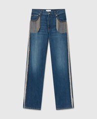 Chain Tassel Straight-Leg Denim Jeans
