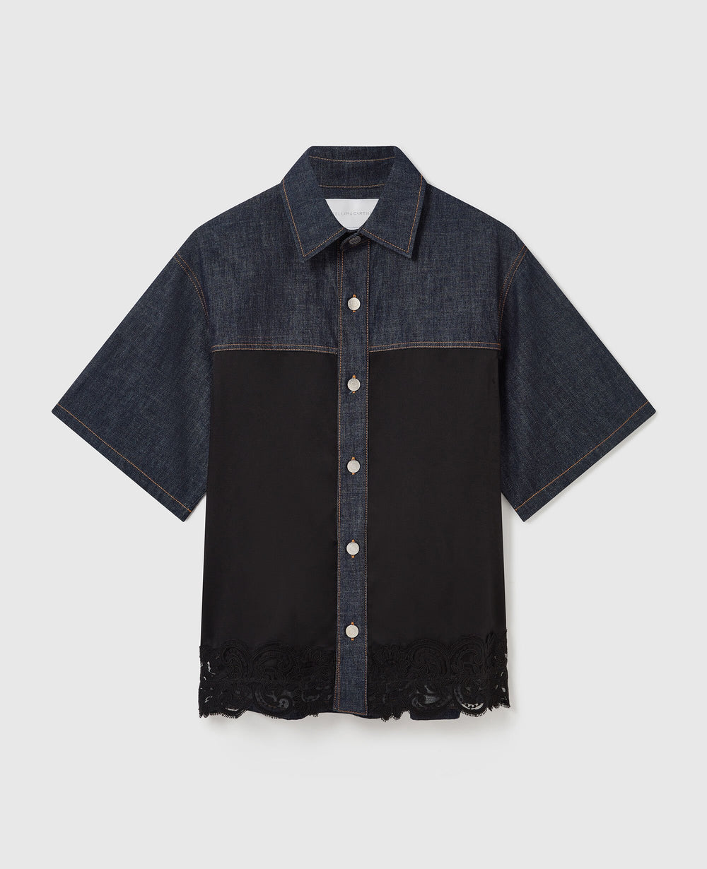 Satin Panel Short-Sleeve Denim Shirt