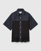 Satin Panel Short-Sleeve Denim Shirt