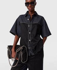 Satin Panel Short-Sleeve Denim Shirt