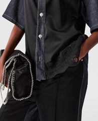 Satin Panel Short-Sleeve Denim Shirt