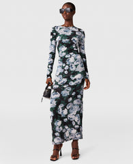 Floral Long-Sleeve Mesh Midi Dress