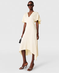 V-Neck Short-Sleeve Satin Midi Dress
