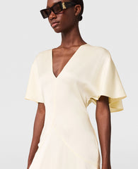 V-Neck Short-Sleeve Satin Midi Dress