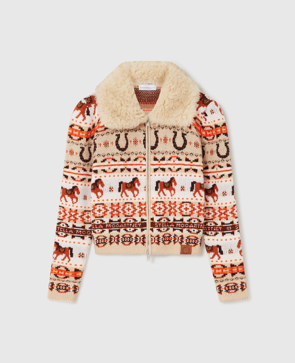 Fair Isle Plush-Collar Wool Cardigan