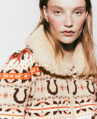 Fair Isle Plush-Collar Wool Cardigan