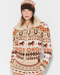 Fair Isle Plush-Collar Wool Cardigan