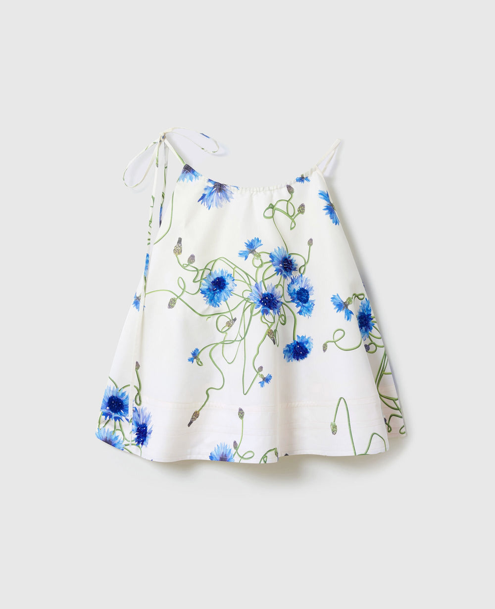Embroidered Cornflower Sleeveless Frill Top