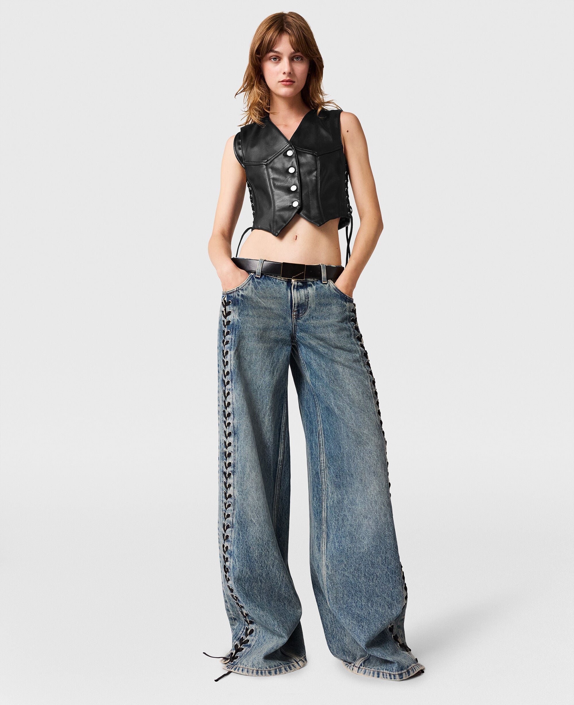 Wide-Leg Lace-Up Denim Jeans