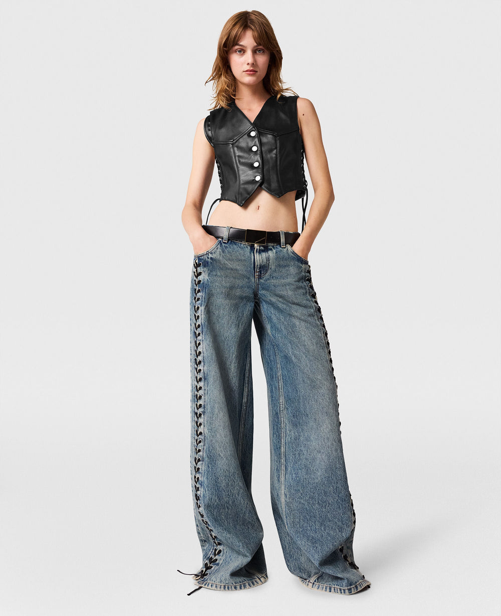Wide-Leg Lace-Up Denim Jeans