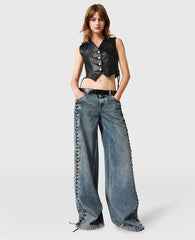 Wide-Leg Lace-Up Denim Jeans