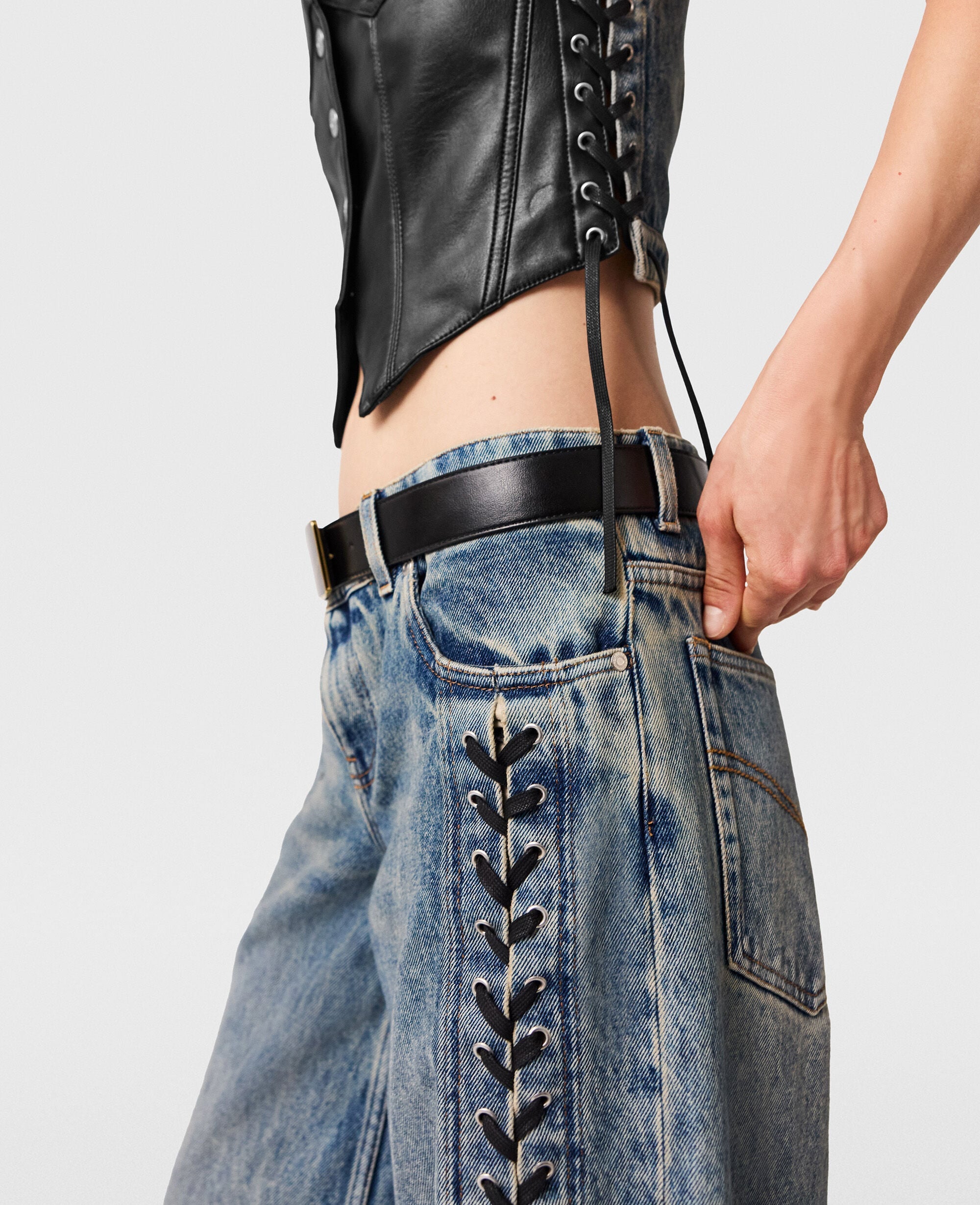 Wide-Leg Lace-Up Denim Jeans