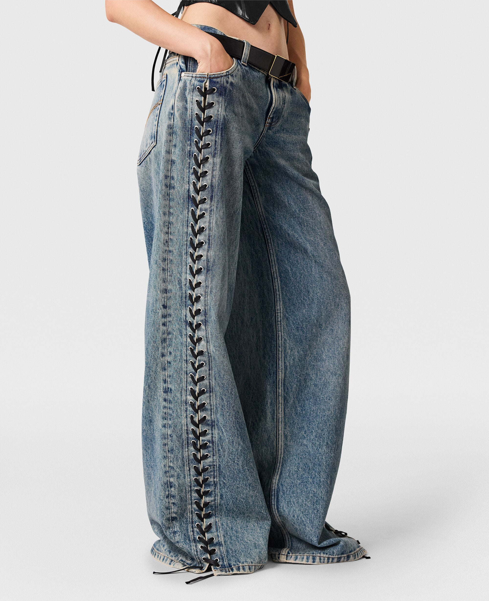 Wide-Leg Lace-Up Denim Jeans