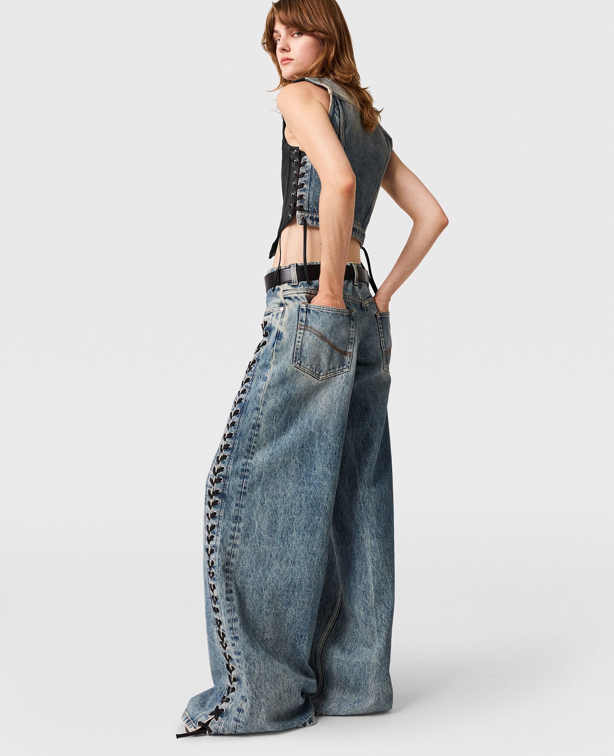 Wide-Leg Lace-Up Denim Jeans
