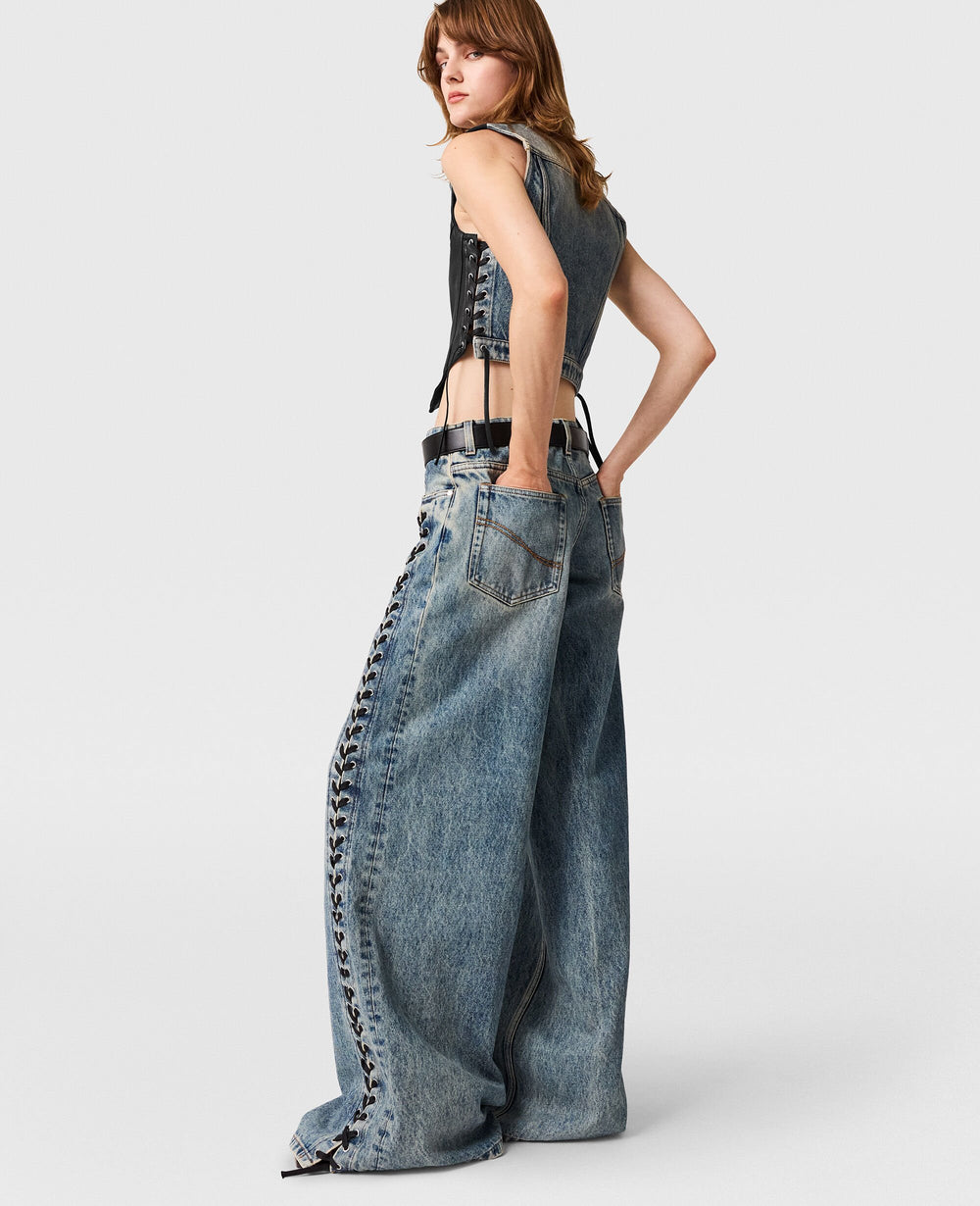 Wide-Leg Lace-Up Denim Jeans