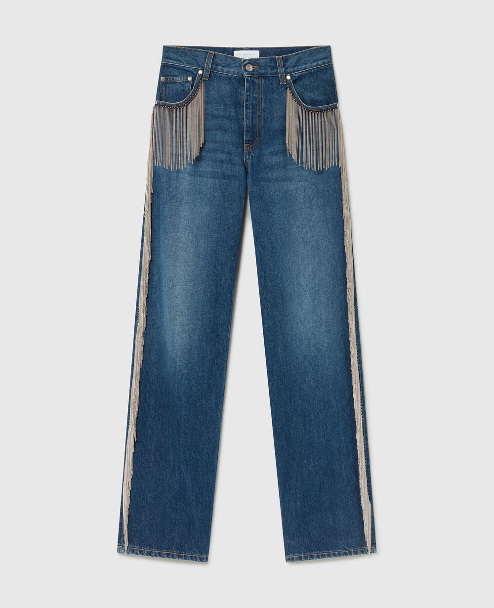 Chain Tassel Straight-Leg Denim Jeans