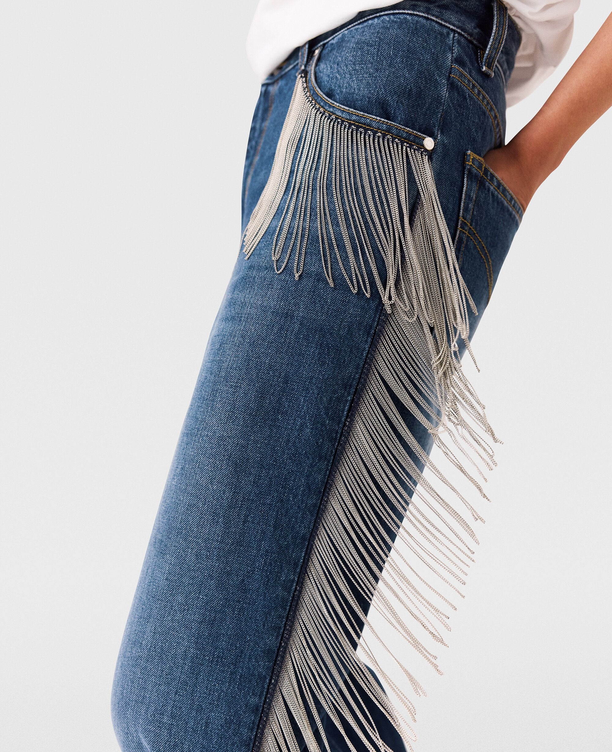 Chain Tassel Straight-Leg Denim Jeans