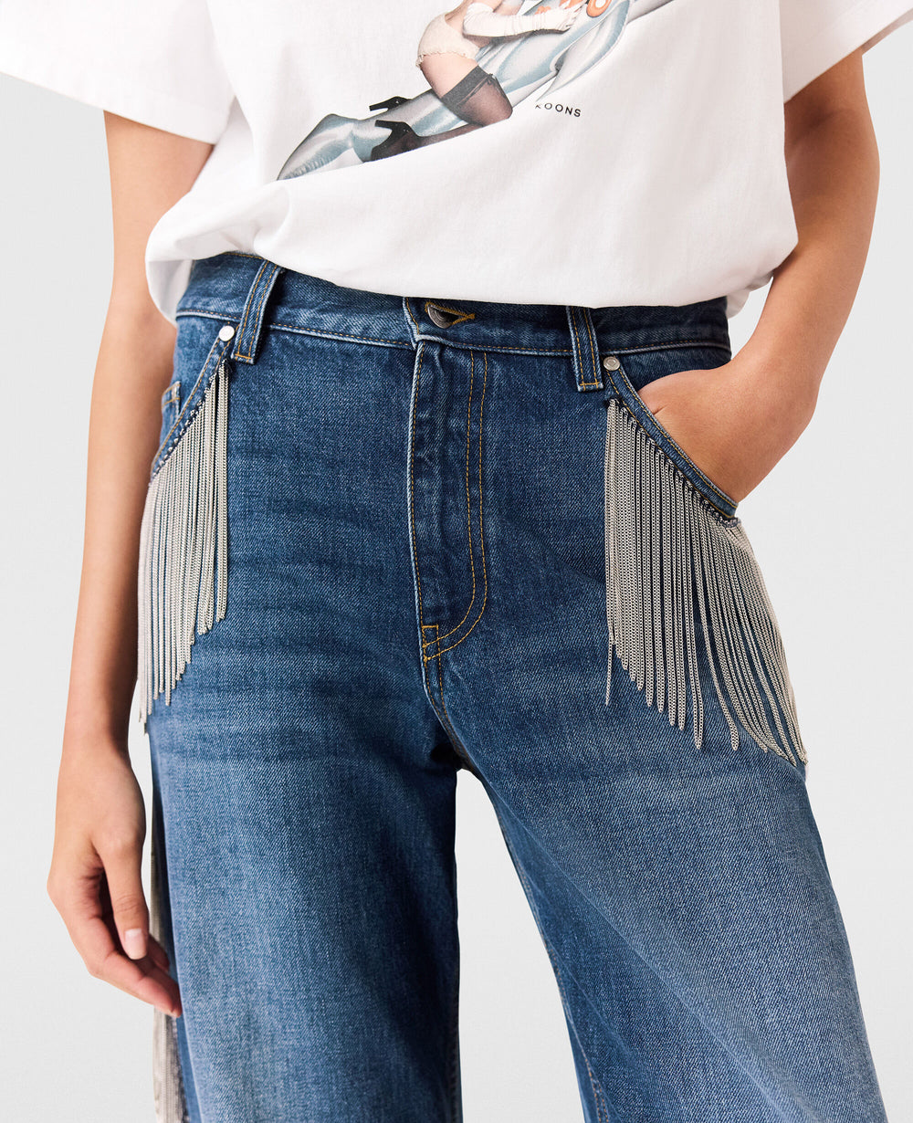Chain Tassel Straight-Leg Denim Jeans