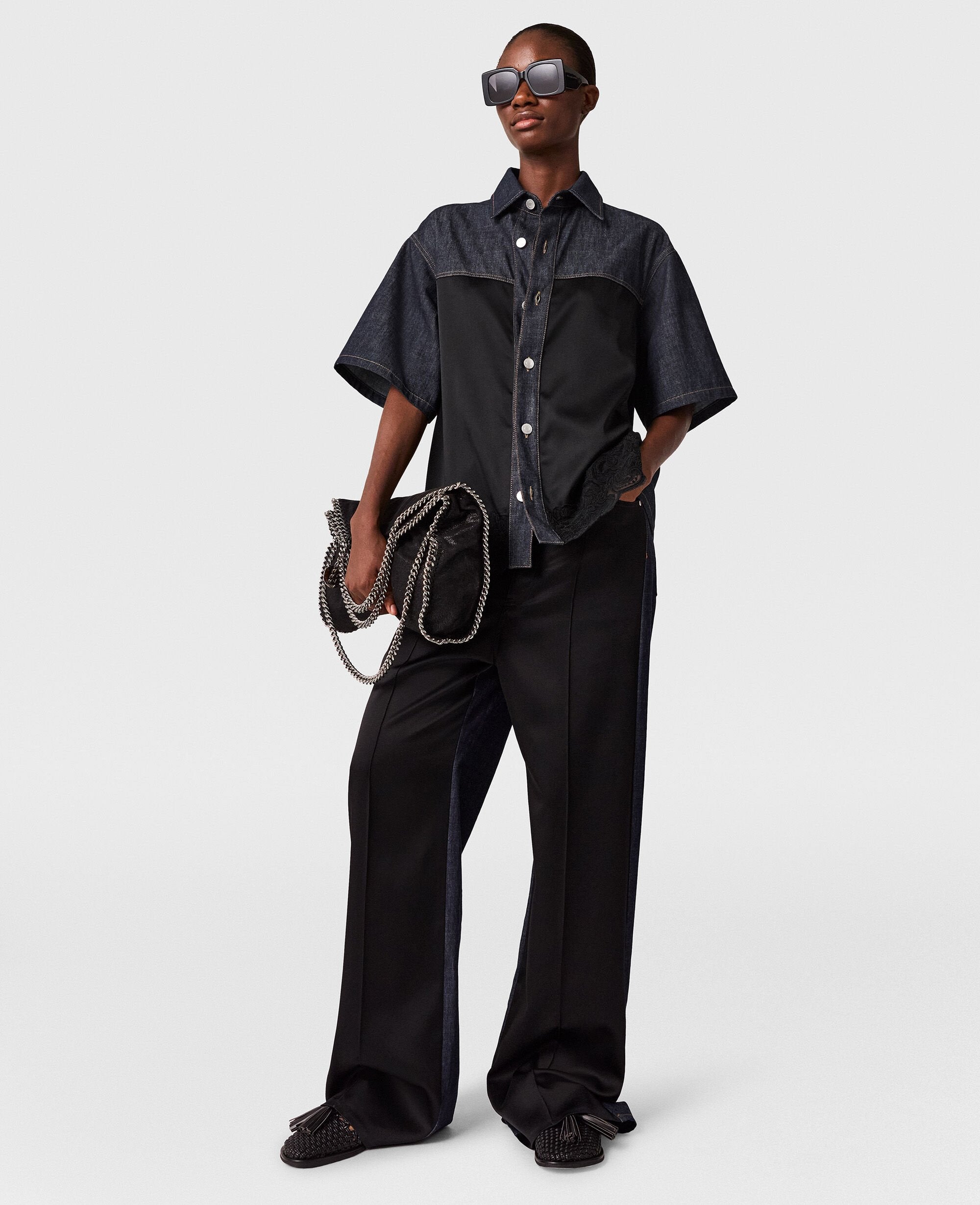 Wide-Leg Satin-Panel Denim Jeans