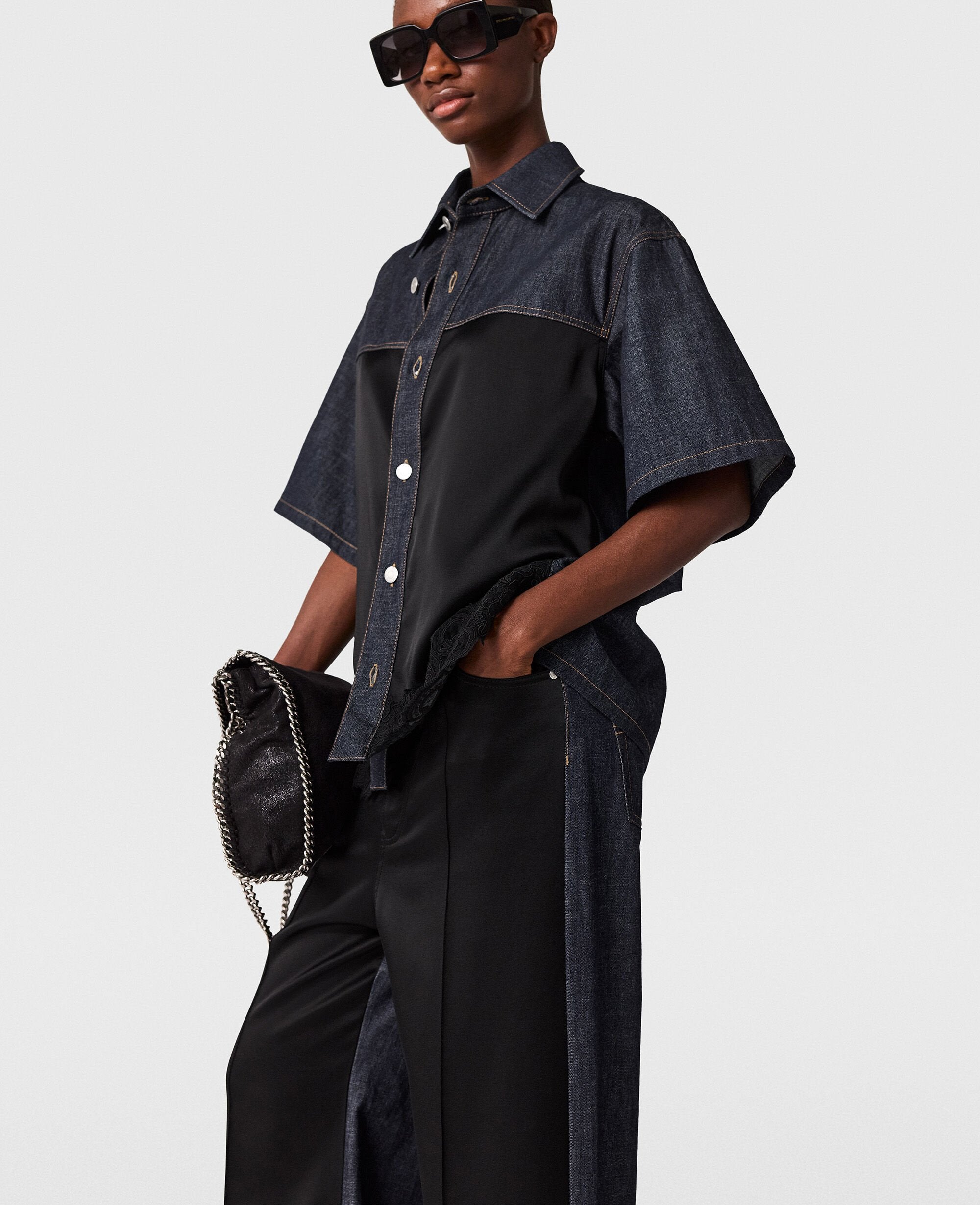 Wide-Leg Satin-Panel Denim Jeans