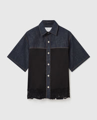 Satin Panel Short-Sleeve Denim Shirt