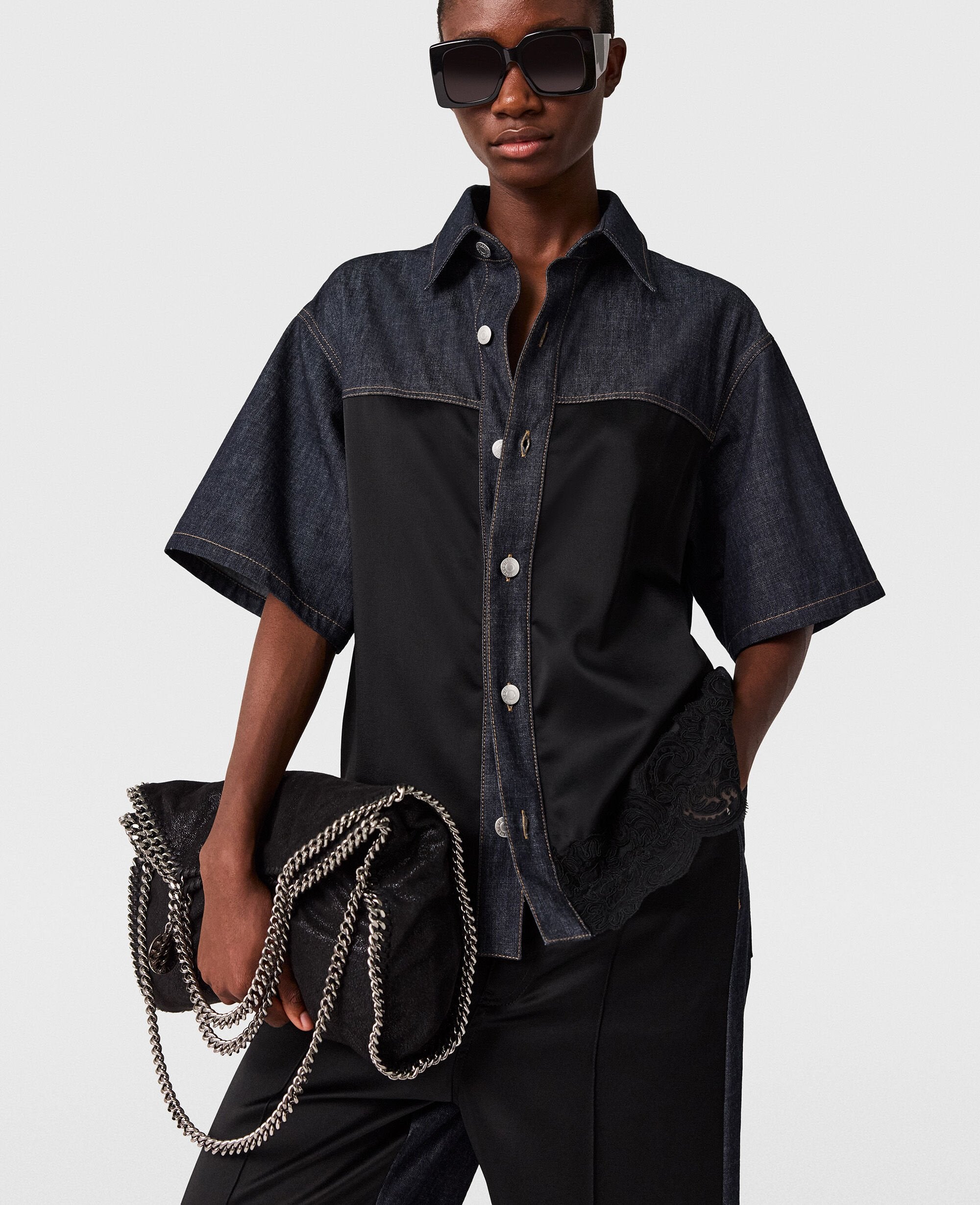Satin Panel Short-Sleeve Denim Shirt