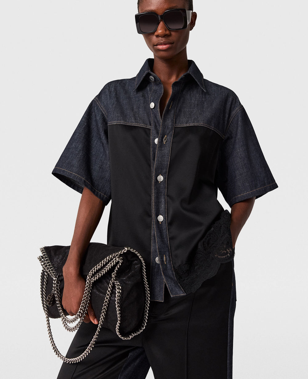 Satin Panel Short-Sleeve Denim Shirt