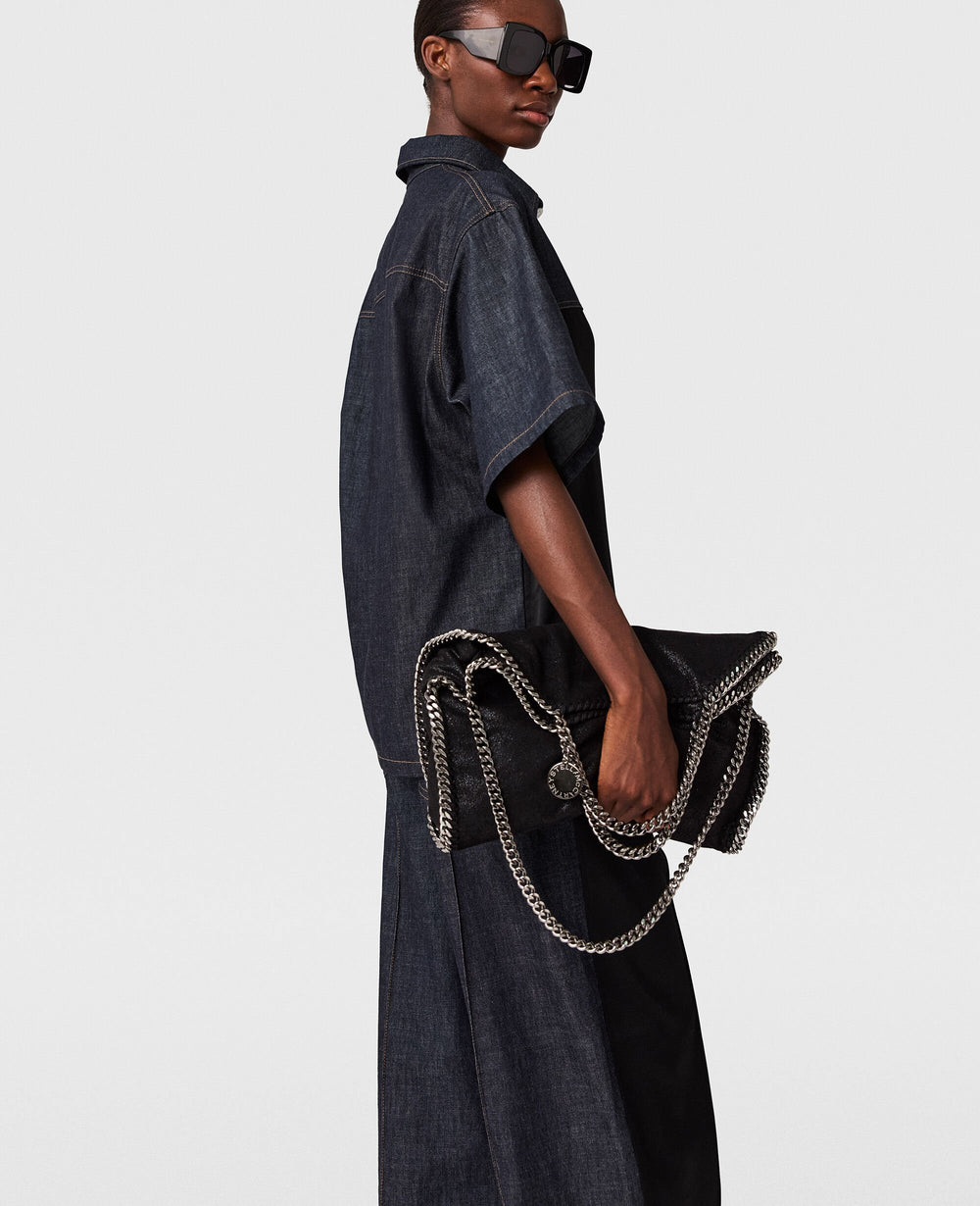 Satin Panel Short-Sleeve Denim Shirt
