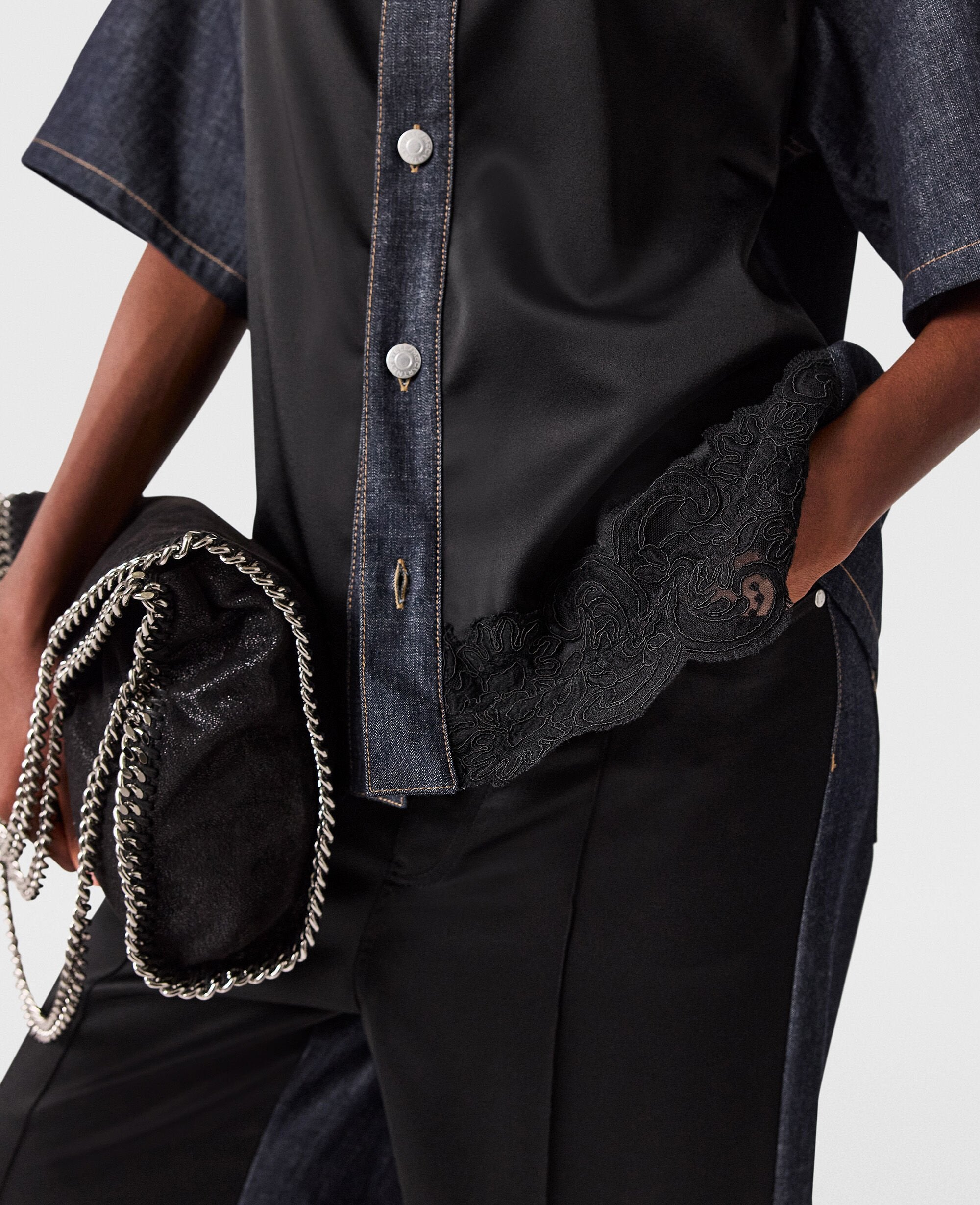 Satin Panel Short-Sleeve Denim Shirt