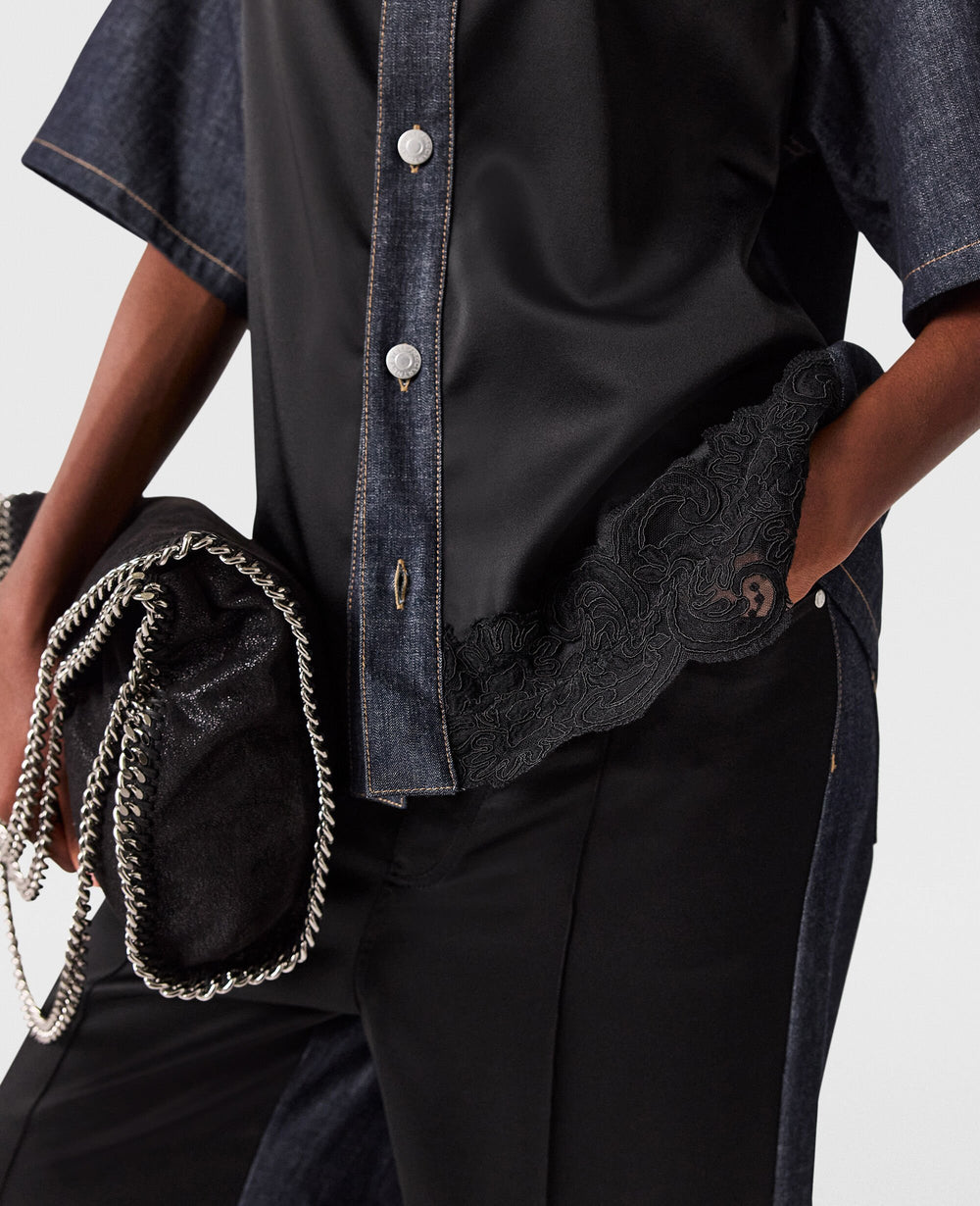 Satin Panel Short-Sleeve Denim Shirt