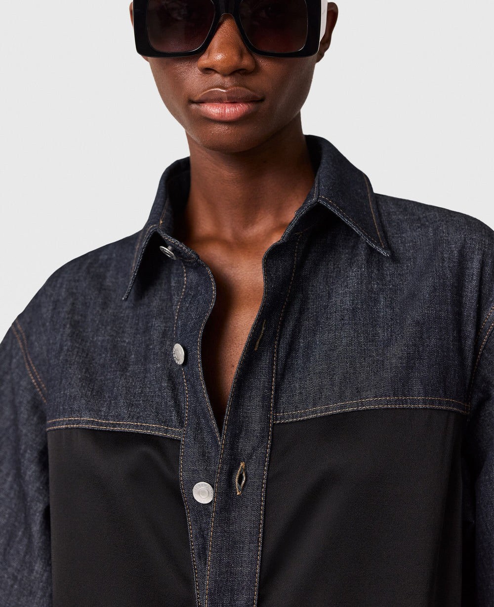 Satin Panel Short-Sleeve Denim Shirt