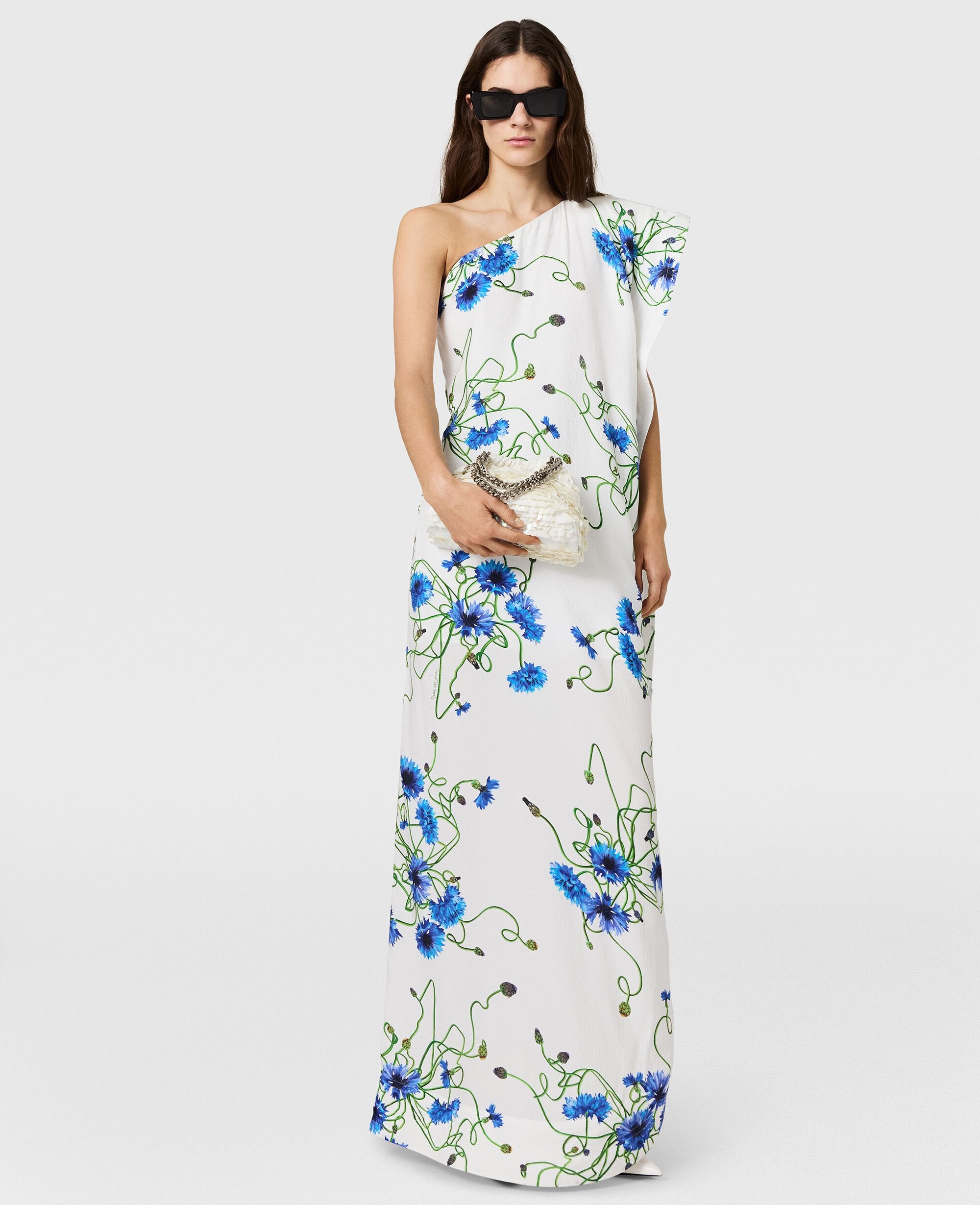 Floral Print Hammered Silk Asymmetric Cocktail Dress