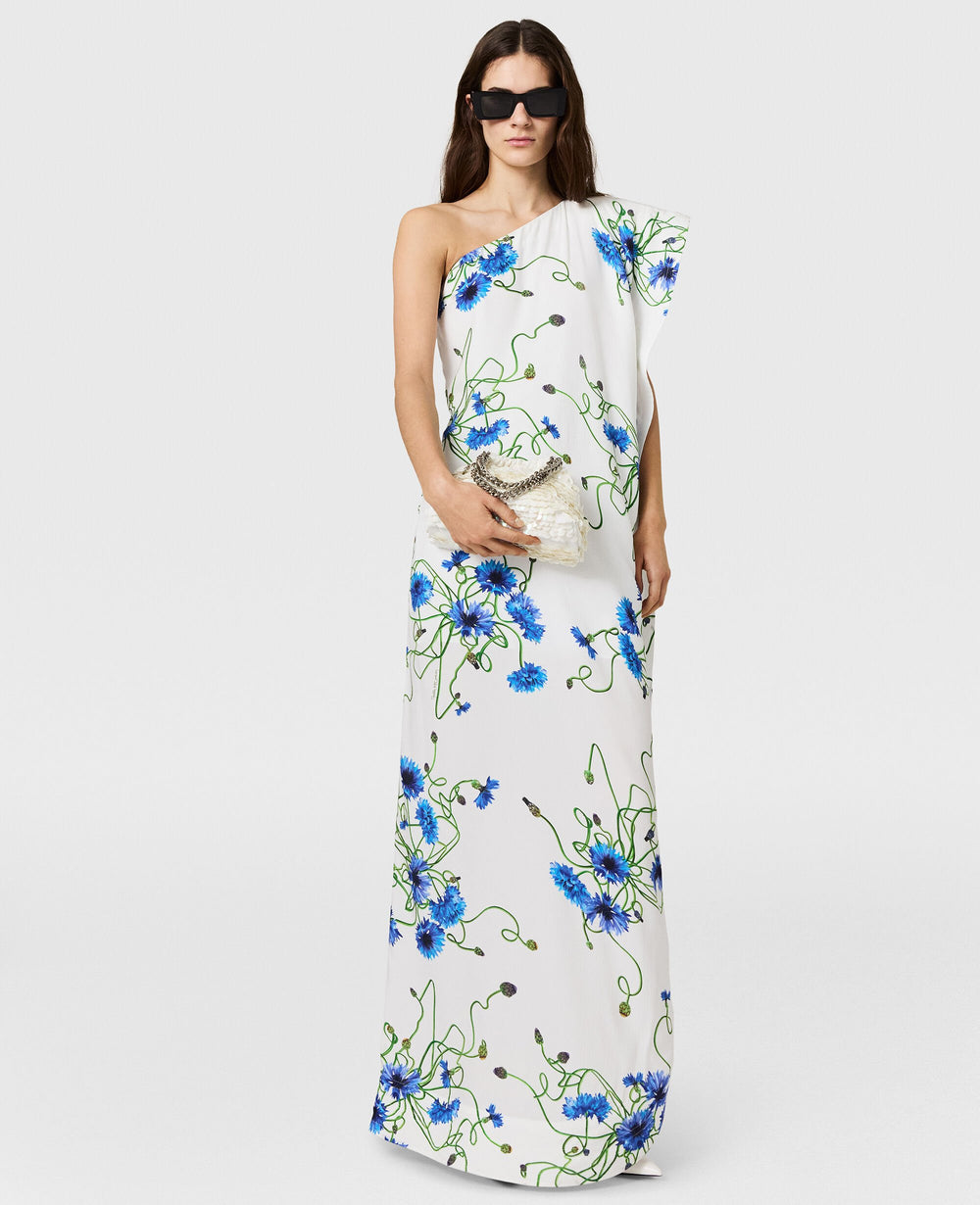 Floral Print Hammered Silk Asymmetric Cocktail Dress
