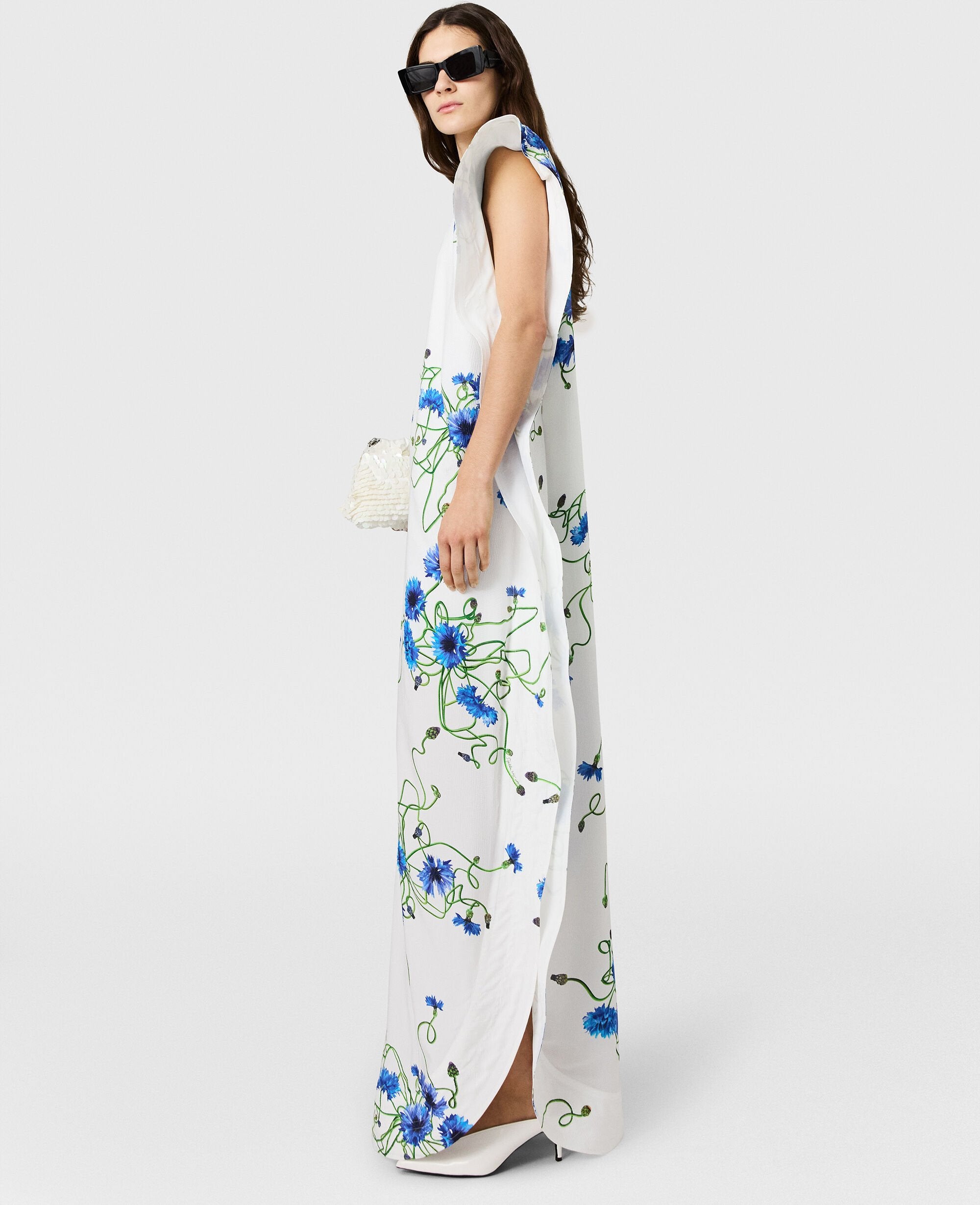 Floral Print Hammered Silk Asymmetric Cocktail Dress