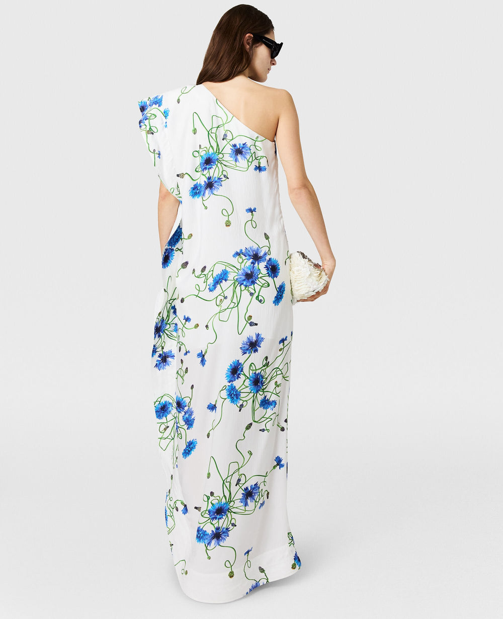 Floral Print Hammered Silk Asymmetric Cocktail Dress
