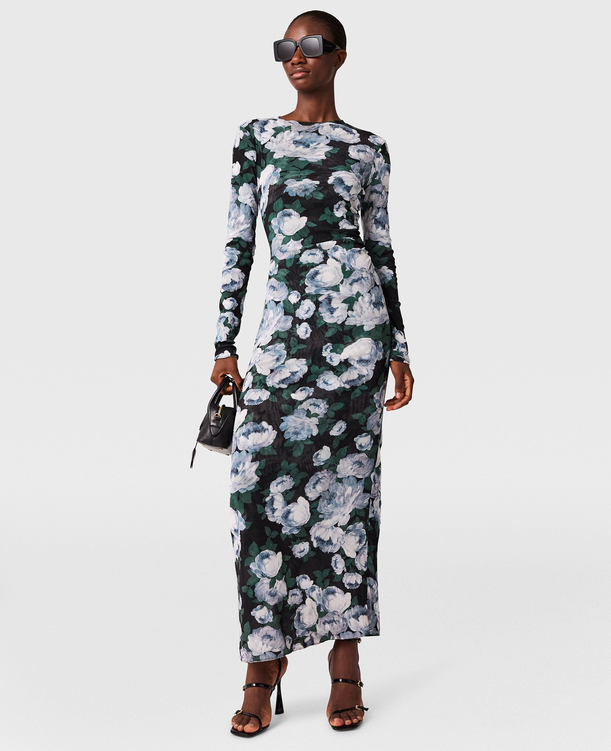Floral Long-Sleeve Mesh Midi Dress