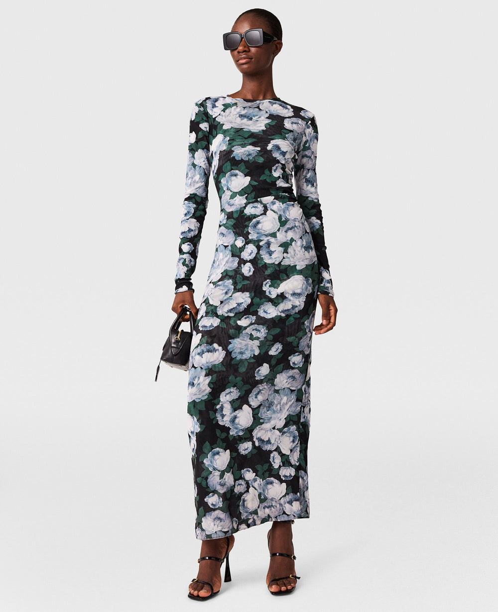Floral Long-Sleeve Mesh Midi Dress