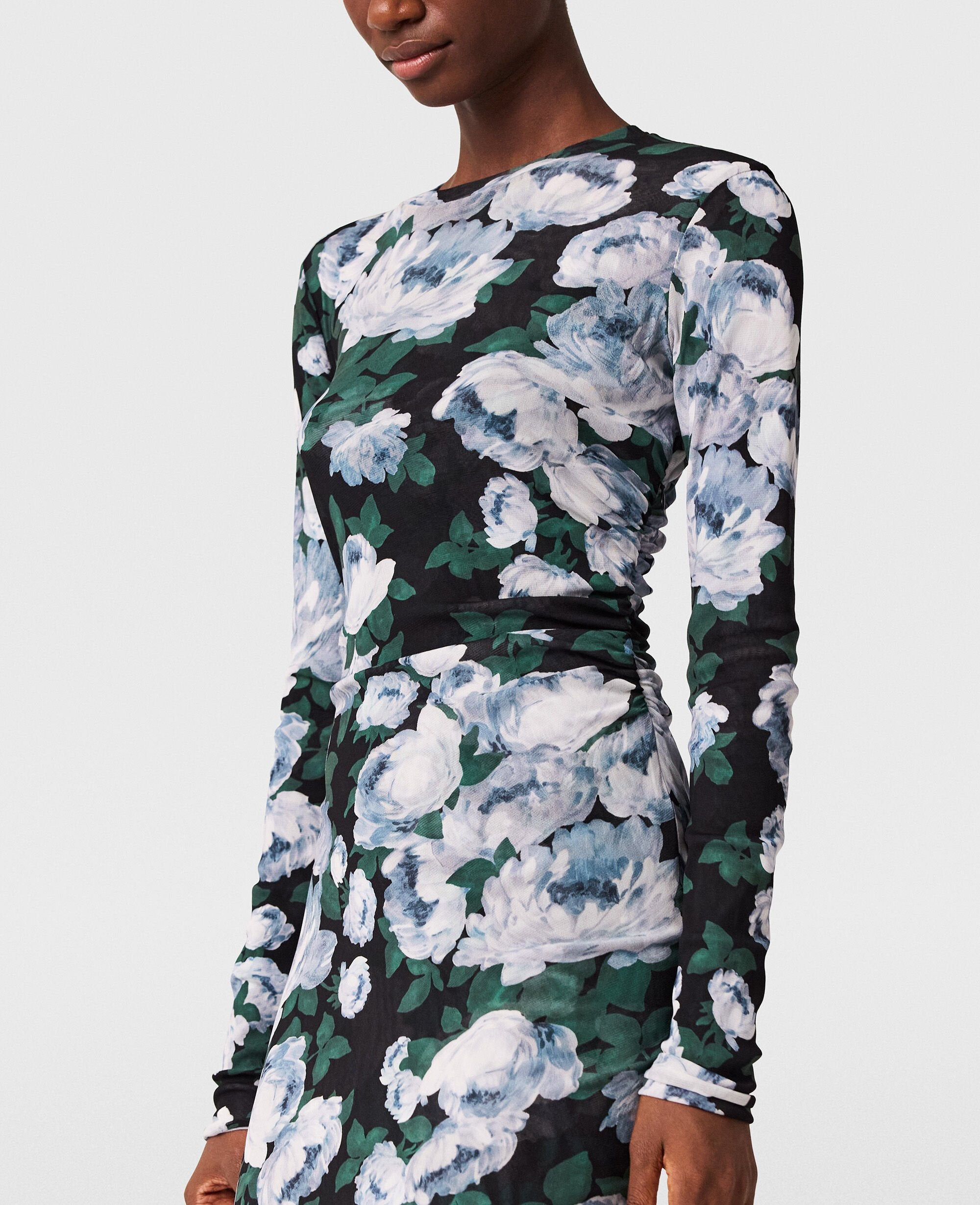Floral Long-Sleeve Mesh Midi Dress