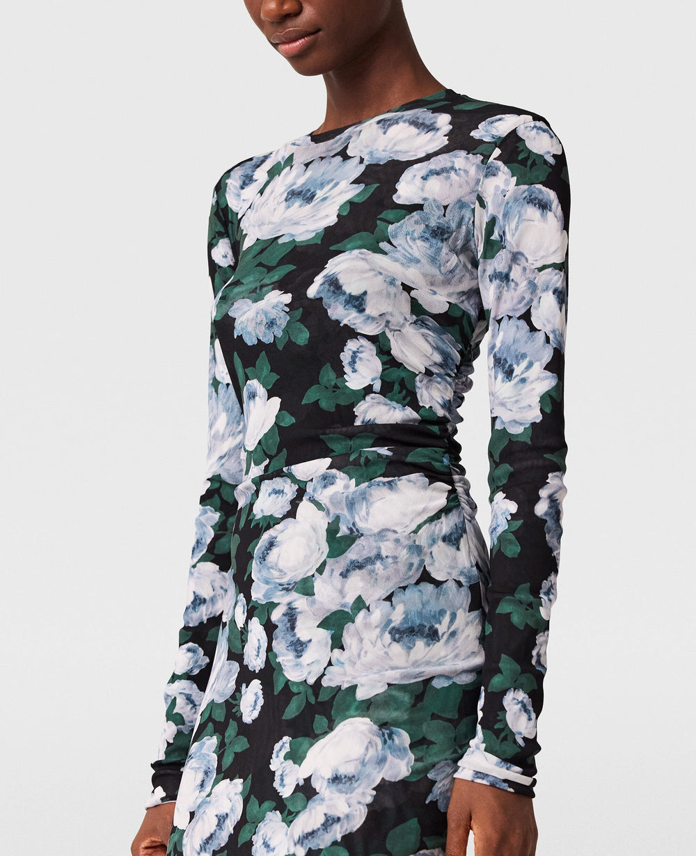 Floral Long-Sleeve Mesh Midi Dress