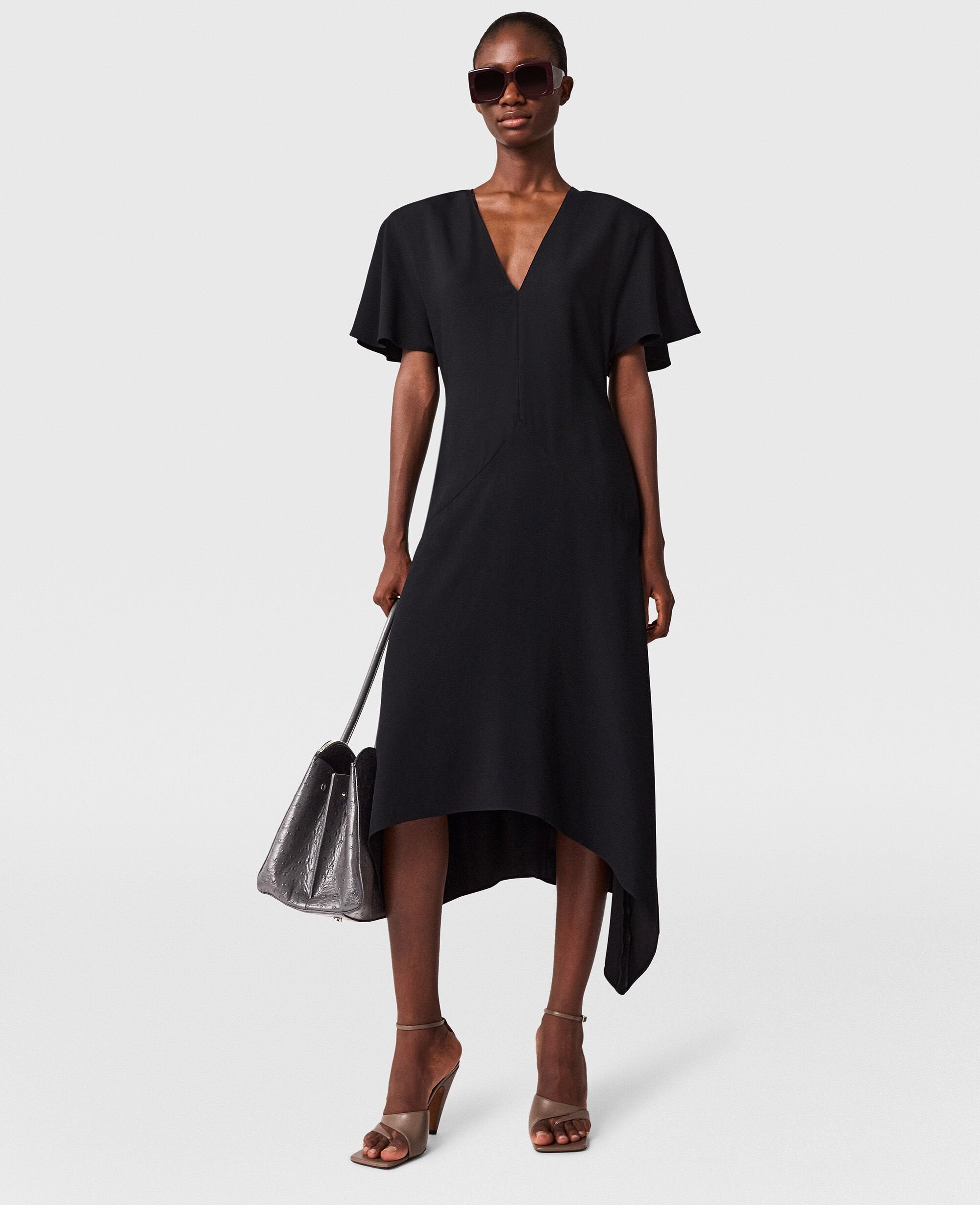 V-Neck Short-Sleeve Satin Midi Dress
