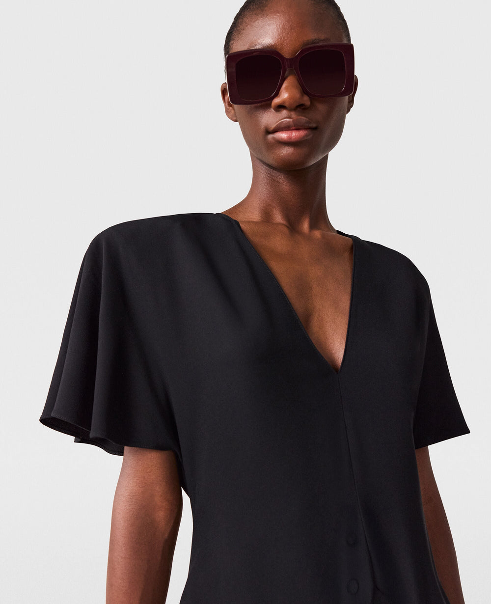 V-Neck Short-Sleeve Satin Midi Dress