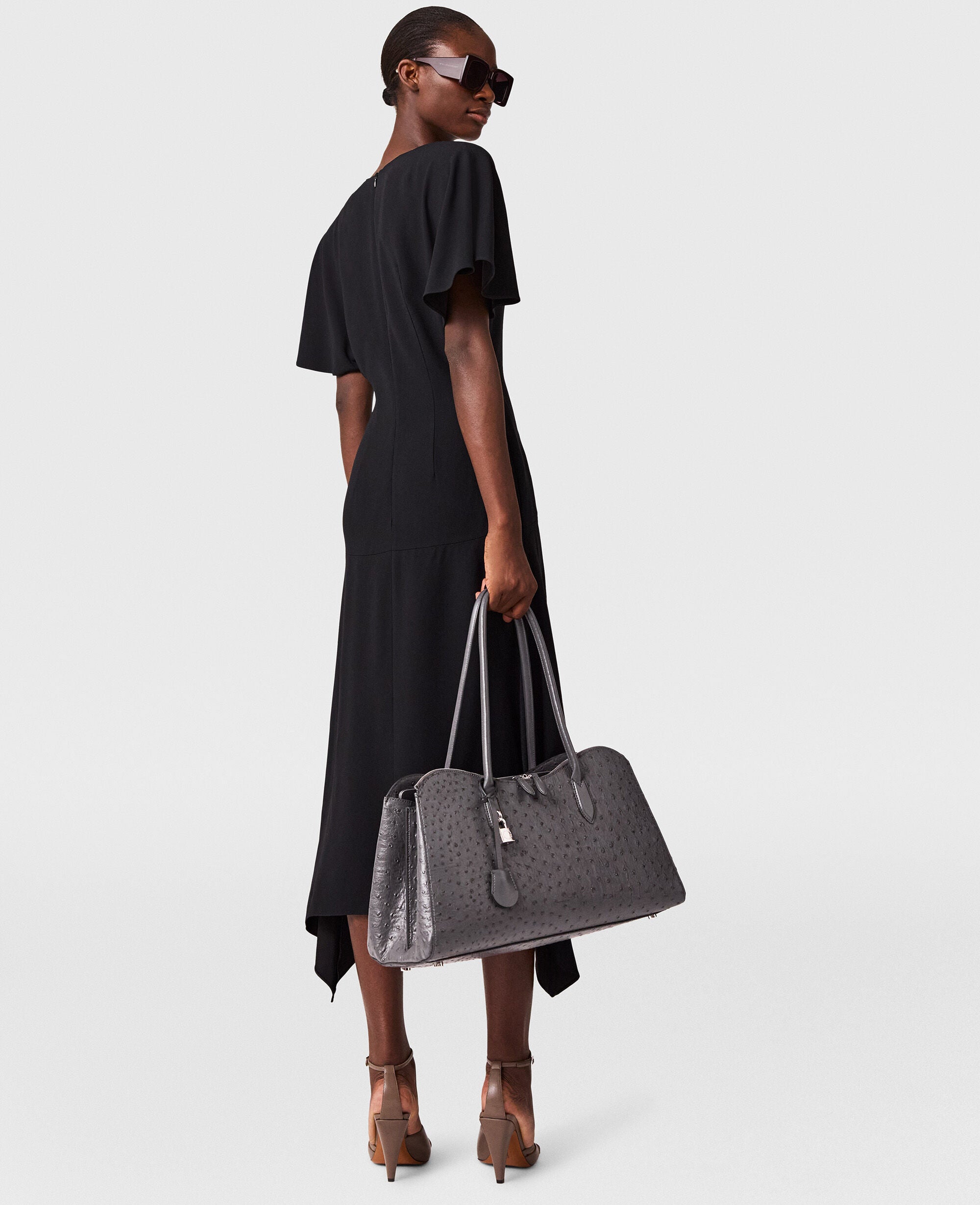 V-Neck Short-Sleeve Satin Midi Dress