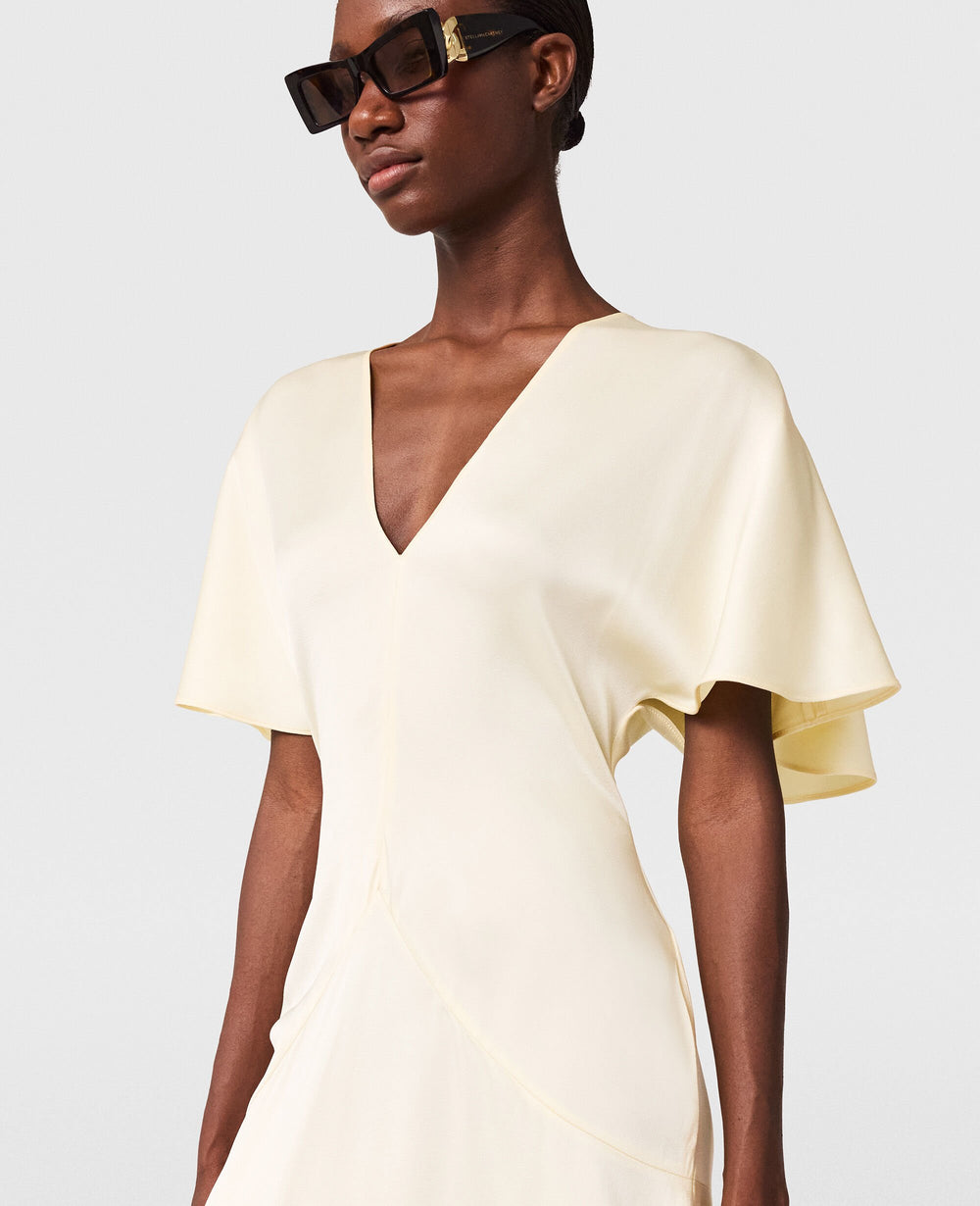 V-Neck Short-Sleeve Satin Midi Dress