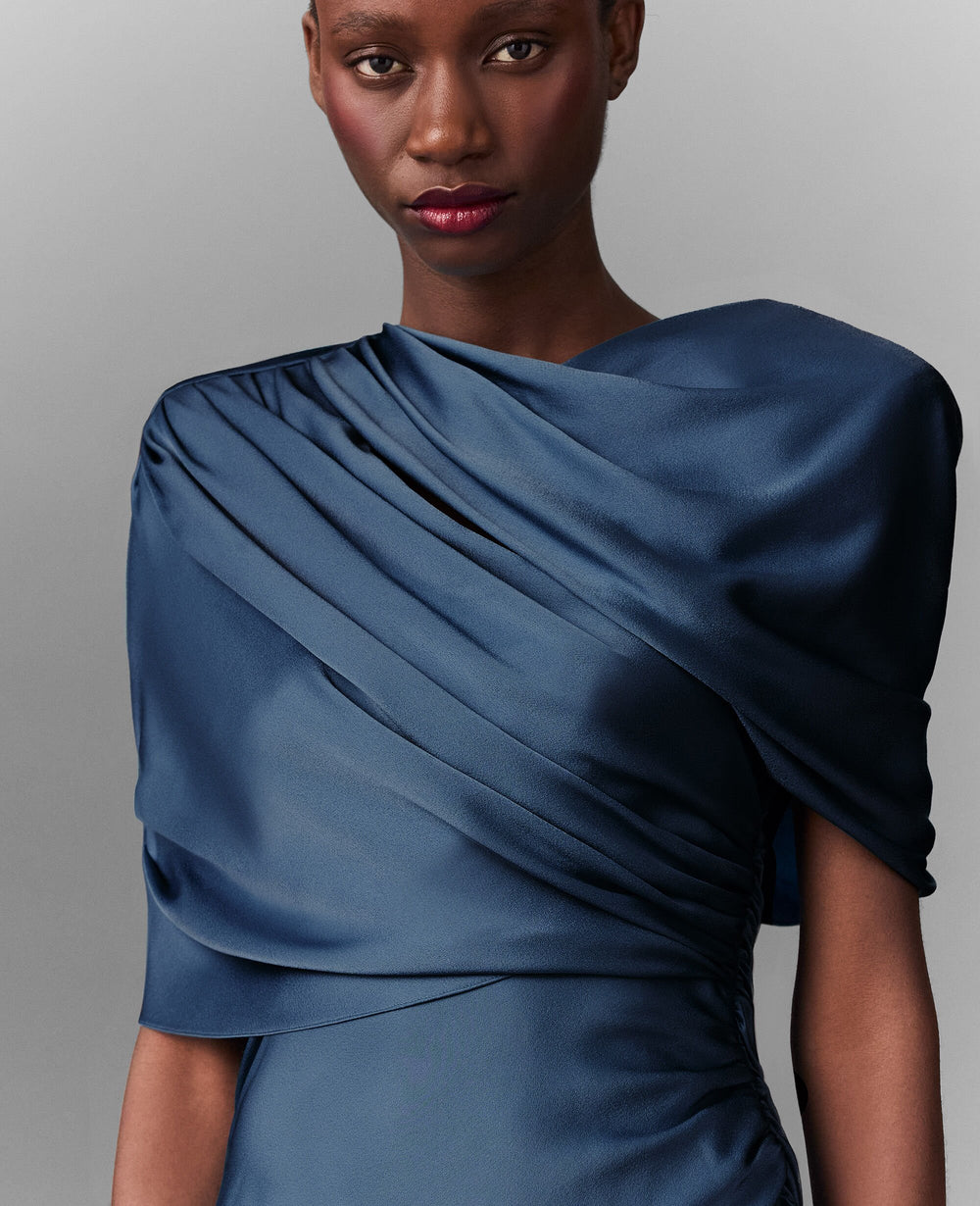 Satin Wrapped Short-Sleeve Maxi Dress