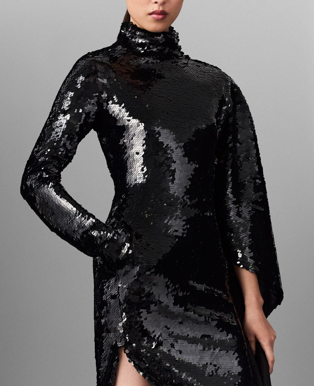 Long-Sleeve Sequin Draped Mini Dress