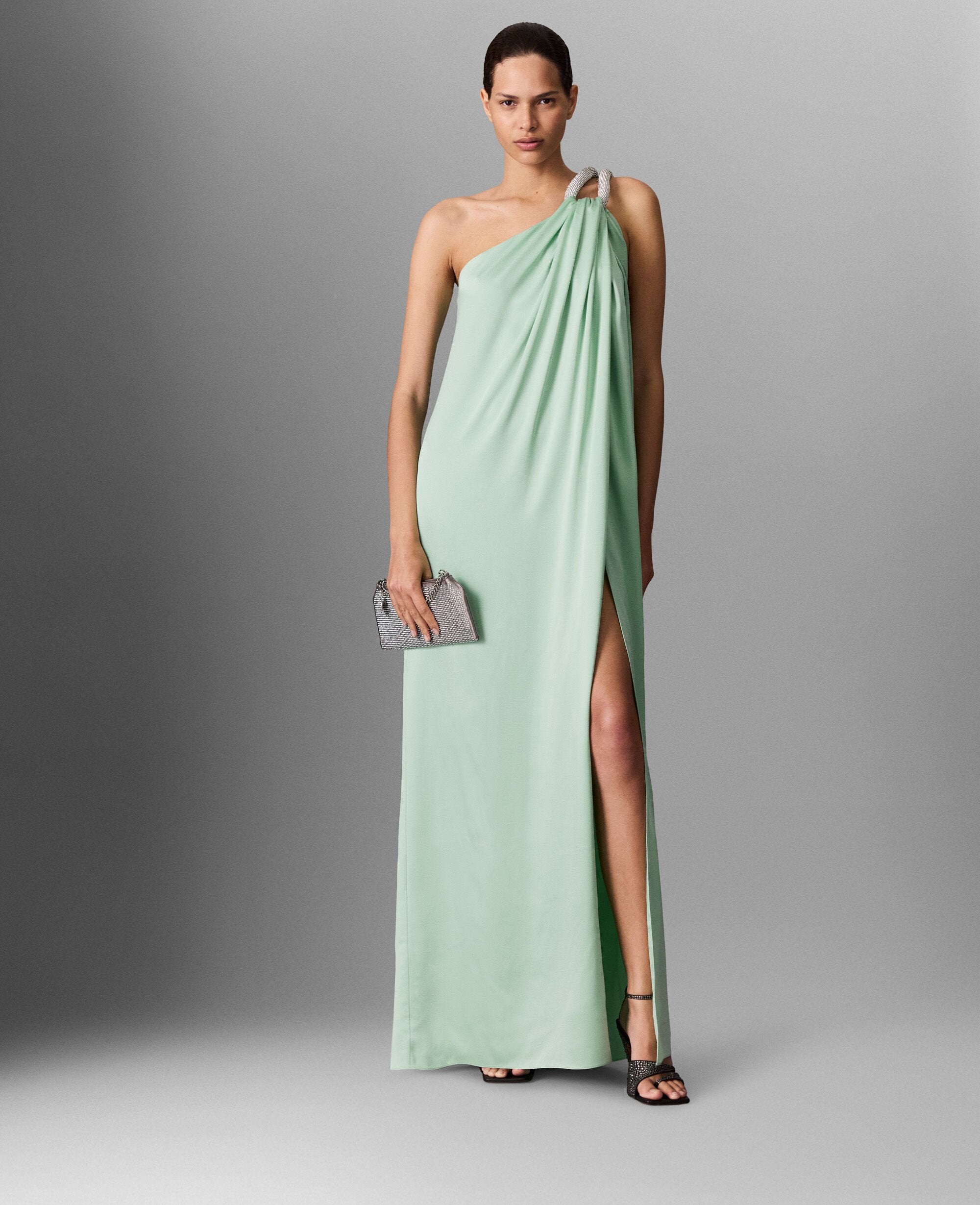 Lead-Free Crystal Chain Link Asymmetric Draped Maxi Dress