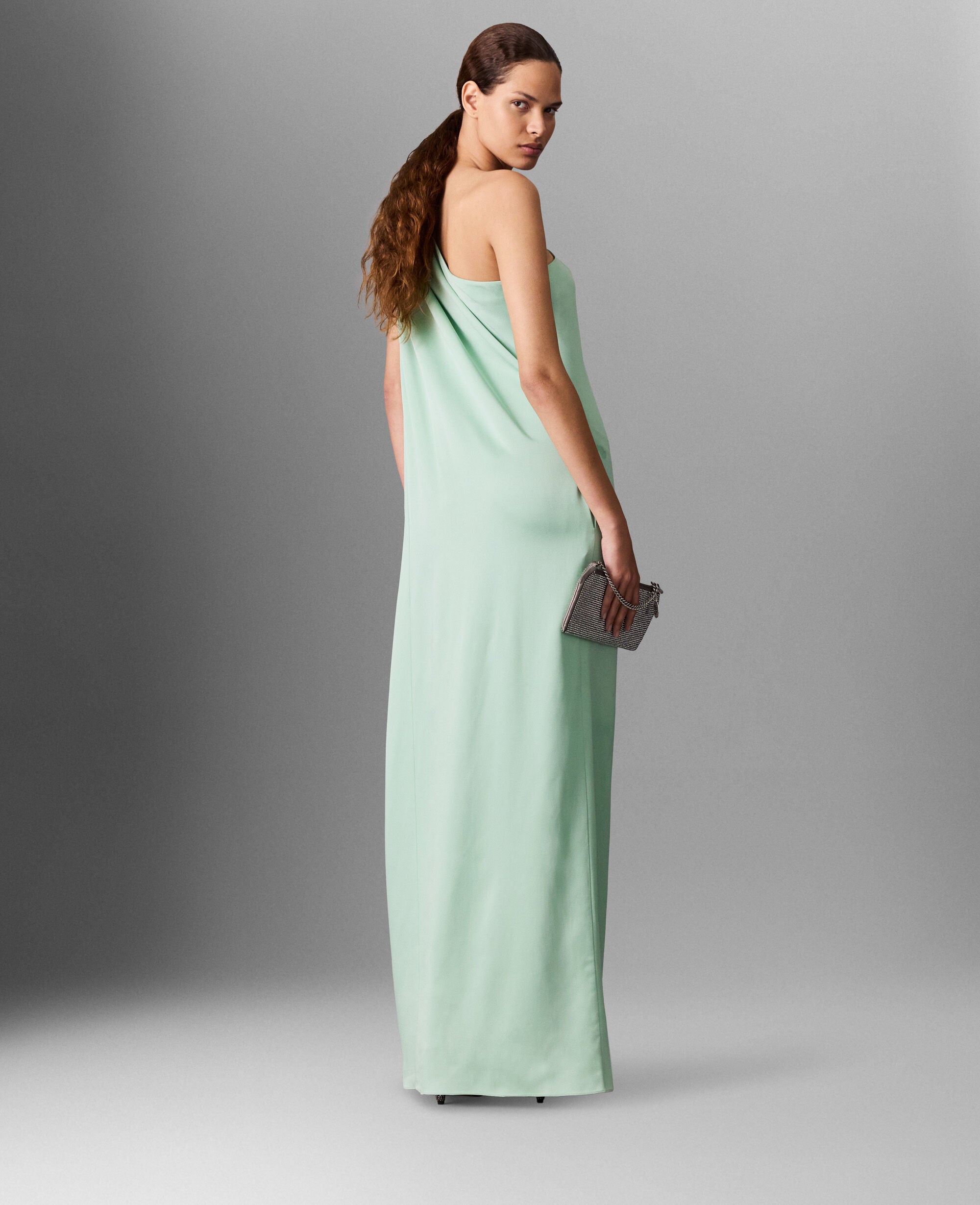 Lead-Free Crystal Chain Link Asymmetric Draped Maxi Dress
