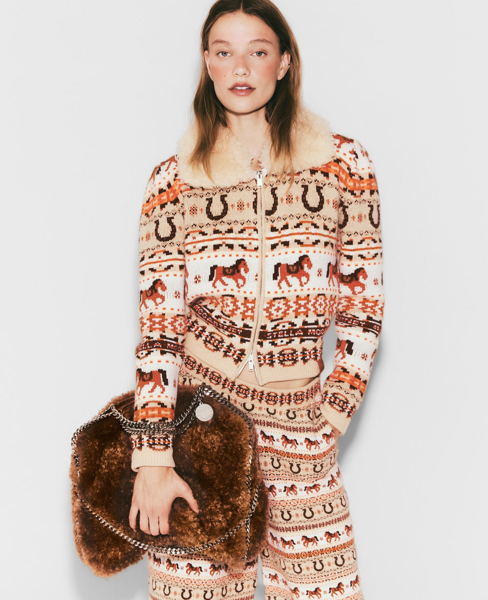 Fair Isle Plush-Collar Wool Cardigan