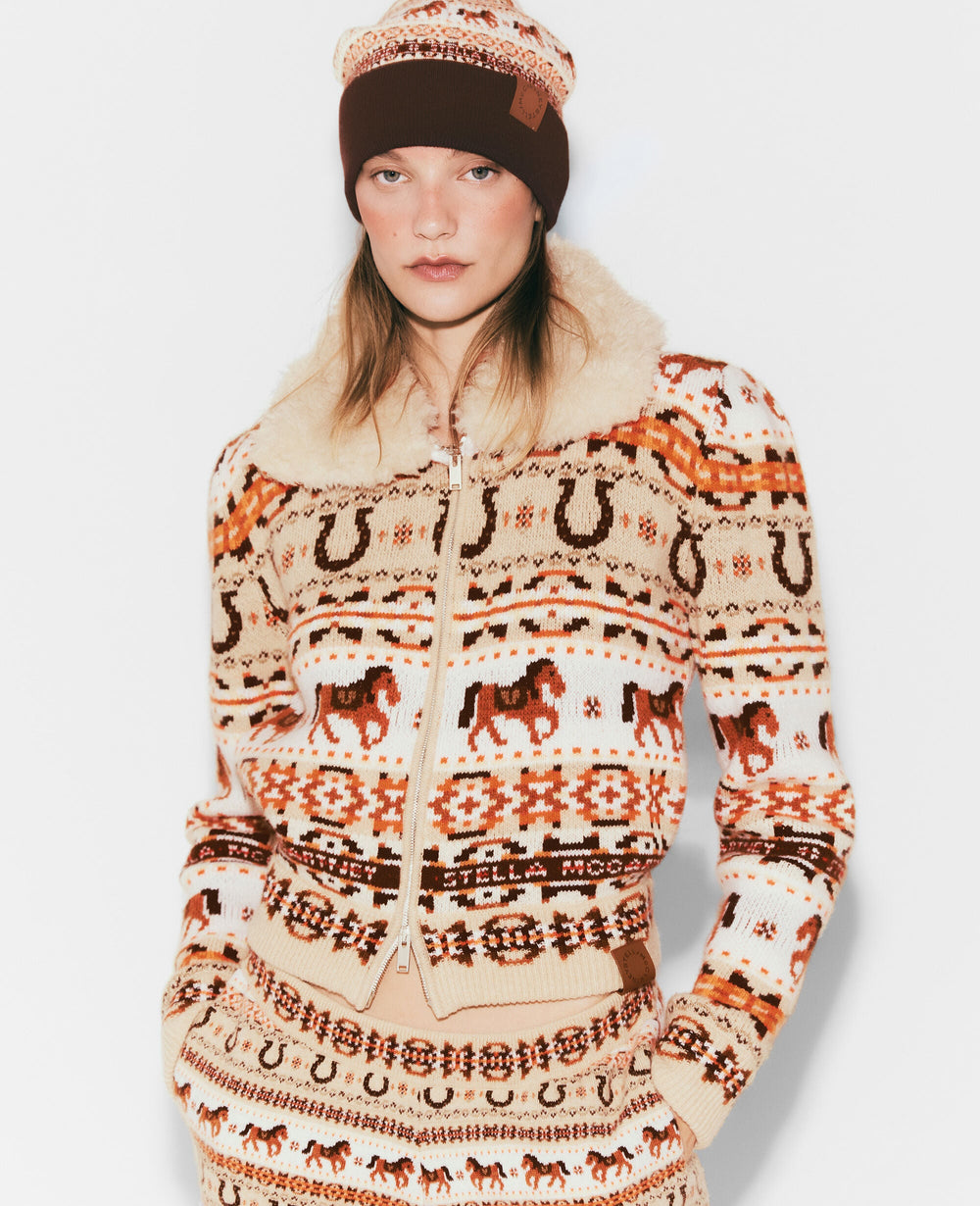 Fair Isle Plush-Collar Wool Cardigan